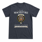 MacIntyre Hunting Weathered Tartan Crest Mischief and Mayhem T-shirt