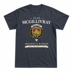 McGillivray Hunting Ancient Tartan Crest Mischief and Mayhem T-shirt
