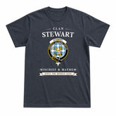 Stewart Muted Blue Tartan Crest Mischief and Mayhem T-shirt