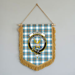 Stewart Muted Blue Tartan Crest Wall Hanging Banner - Wood Pole