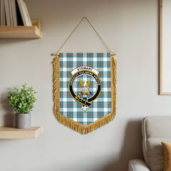 Stewart Muted Blue Tartan Crest Wall Hanging Banner - Wood Pole