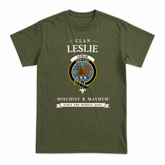 Leslie Hunting Ancient Tartan Crest Mischief and Mayhem T-shirt
