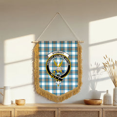 Stewart Muted Blue Tartan Crest Wall Hanging Banner - Wood Pole