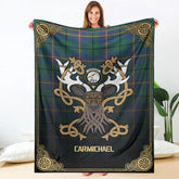 Carmichael Ancient Tartan Crest Premium Blanket - Celtic Stag style