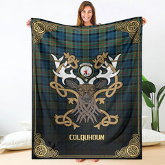 Colquhoun Ancient Tartan Crest Premium Blanket - Celtic Stag style
