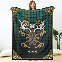 Murray of Atholl Ancient Tartan Crest Premium Blanket - Celtic Stag style
