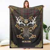 Nicolson Hunting Weathered Tartan Crest Premium Blanket - Celtic Stag style