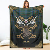 Ogilvie Hunting Ancient Tartan Crest Premium Blanket - Celtic Stag style