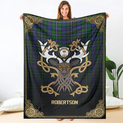 Robertson Hunting Modern Tartan Crest Premium Blanket - Celtic Stag style