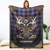 Rutherford Tartan Crest Premium Blanket - Celtic Stag style
