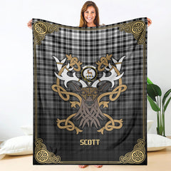 Scott Black & White Modern Tartan Crest Premium Blanket - Celtic Stag style