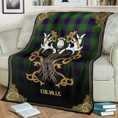 Colville Tartan Crest Premium Blanket - Celtic Stag style