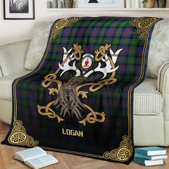 Logan Ancient Tartan Crest Premium Blanket - Celtic Stag style