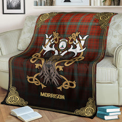 Morrison Red Ancient Tartan Crest Premium Blanket - Celtic Stag style