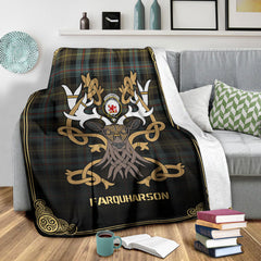 Farquharson Weathered Tartan Crest Premium Blanket - Celtic Stag style