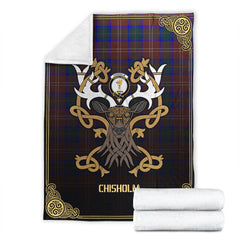 Chisholm Hunting Modern Tartan Crest Premium Blanket - Celtic Stag style