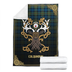 Colquhoun Ancient Tartan Crest Premium Blanket - Celtic Stag style