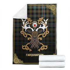 Farquharson Weathered Tartan Crest Premium Blanket - Celtic Stag style