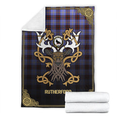 Rutherford Tartan Crest Premium Blanket - Celtic Stag style