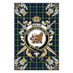 Baillie Modern Tartan Crest Black Garden Flag - Gold Thistle Style
