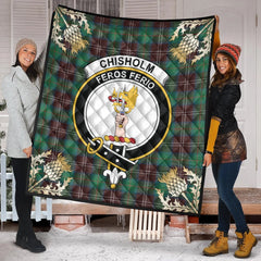 Chisholm Hunting Ancient Tartan Crest Premium Quilt - Gold Thistle Style