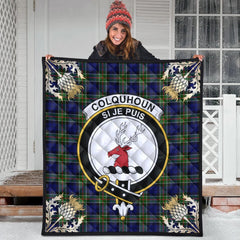 Colquhoun Modern Tartan Crest Premium Quilt - Gold Thistle Style