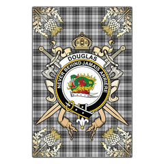 Douglas Grey Modern Tartan Crest Black Garden Flag - Gold Thistle Style