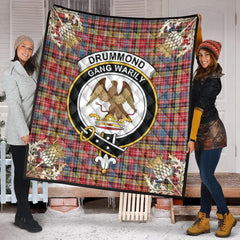 Drummond of Strathallan Tartan Crest Premium Quilt - Gold Thistle Style