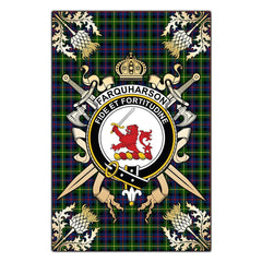 Farquharson Modern Tartan Crest Black Garden Flag - Gold Thistle Style