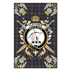 Fletcher of Dunans Tartan Crest Black Garden Flag - Gold Thistle Style