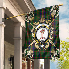 Reid Green Tartan Crest Black Garden Flag - Gold Thistle Style