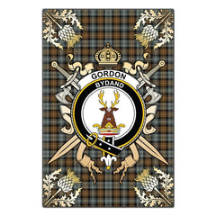Gordon Weathered Tartan Crest Black Garden Flag - Gold Thistle Style