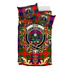 Gow of Skeoch Tartan Crest Bedding Set - Golden Thistle Style