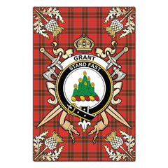 Grant Weathered Tartan Crest Black Garden Flag - Gold Thistle Style