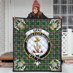 Gray Hunting Tartan Crest Premium Quilt - Gold Thistle Style