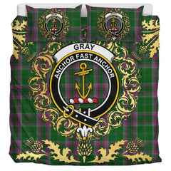 Gray Hunting Tartan Crest Bedding Set - Golden Thistle Style
