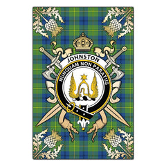 Johnston Ancient Tartan Crest Black Garden Flag - Gold Thistle Style