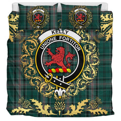 Kelly of Sleat Hunting Tartan Crest Bedding Set - Golden Thistle Style