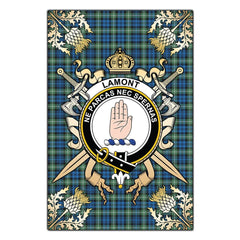 Lamont Ancient Tartan Crest Black Garden Flag - Gold Thistle Style
