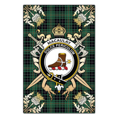MacAulay Hunting Ancient Tartan Crest Black Garden Flag - Gold Thistle Style