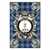 MacKay Blue Tartan Crest Black Garden Flag - Gold Thistle Style