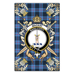 MacKay Blue Tartan Crest Black Garden Flag - Gold Thistle Style