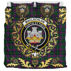 MacLachlan Hunting Tartan Crest Bedding Set - Golden Thistle Style