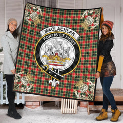 MacLachlan Hunting Modern Tartan Crest Premium Quilt - Gold Thistle Style