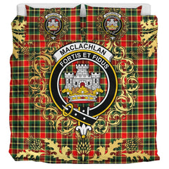 MacLachlan Hunting Modern Tartan Crest Bedding Set - Golden Thistle Style