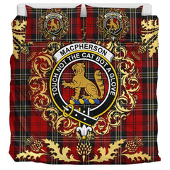 MacPherson Red Cluny Tartan Crest Bedding Set - Golden Thistle Style