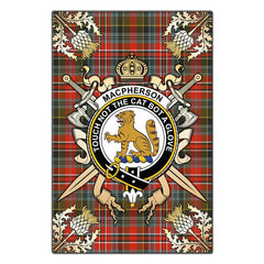 MacPherson Weathered Tartan Crest Black Garden Flag - Gold Thistle Style