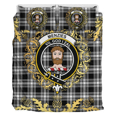 Menzies Black and White Modern Tartan Crest Bedding Set - Golden Thistle Style