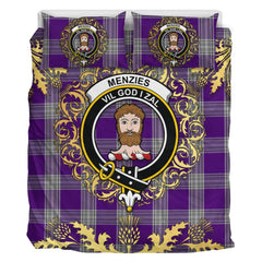 Menzies Mauve and White Tartan Crest Bedding Set - Golden Thistle Style