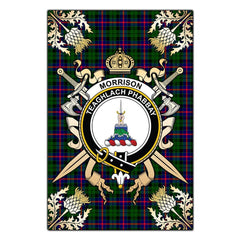 Morrison Modern Tartan Crest Black Garden Flag - Gold Thistle Style